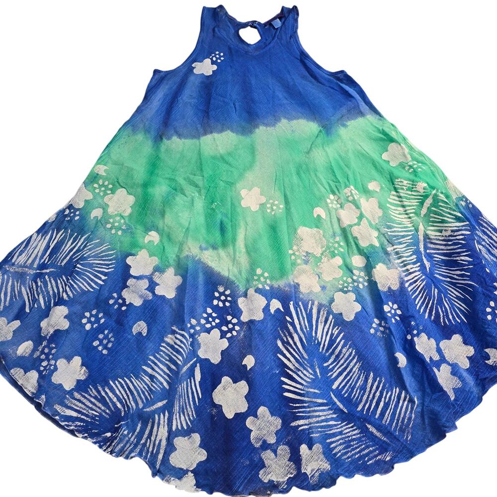 Crazy Fish XXL Blue Green Hand Painted Sundress Tropical Floral Boho Beach Dress